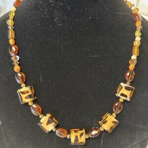 Vintage Retro Tortoise Shell / Leopard Beaded Necklace (Very Old) 70’s 10”drop